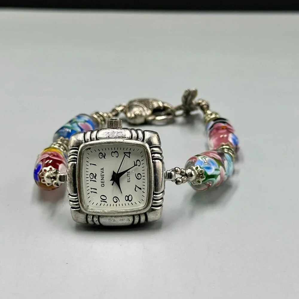 Geneva Watch Women Silver Tone Floral Glass Bead Bracelet New Battery 7 Inch